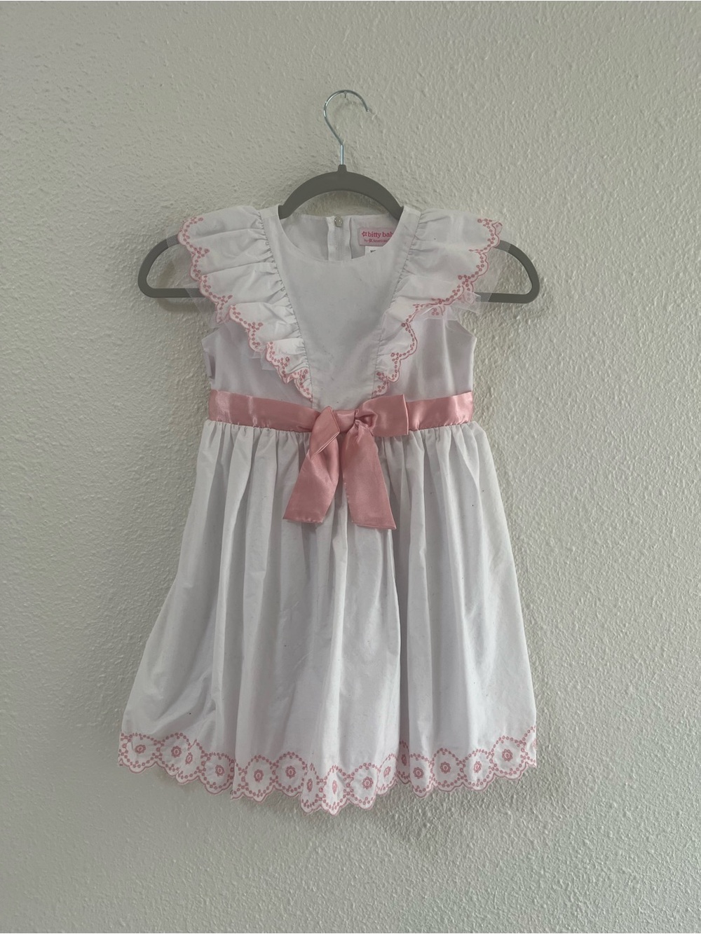 American Girl Bitty Baby Child Sized White Dress with Pink Satin Waist Bow